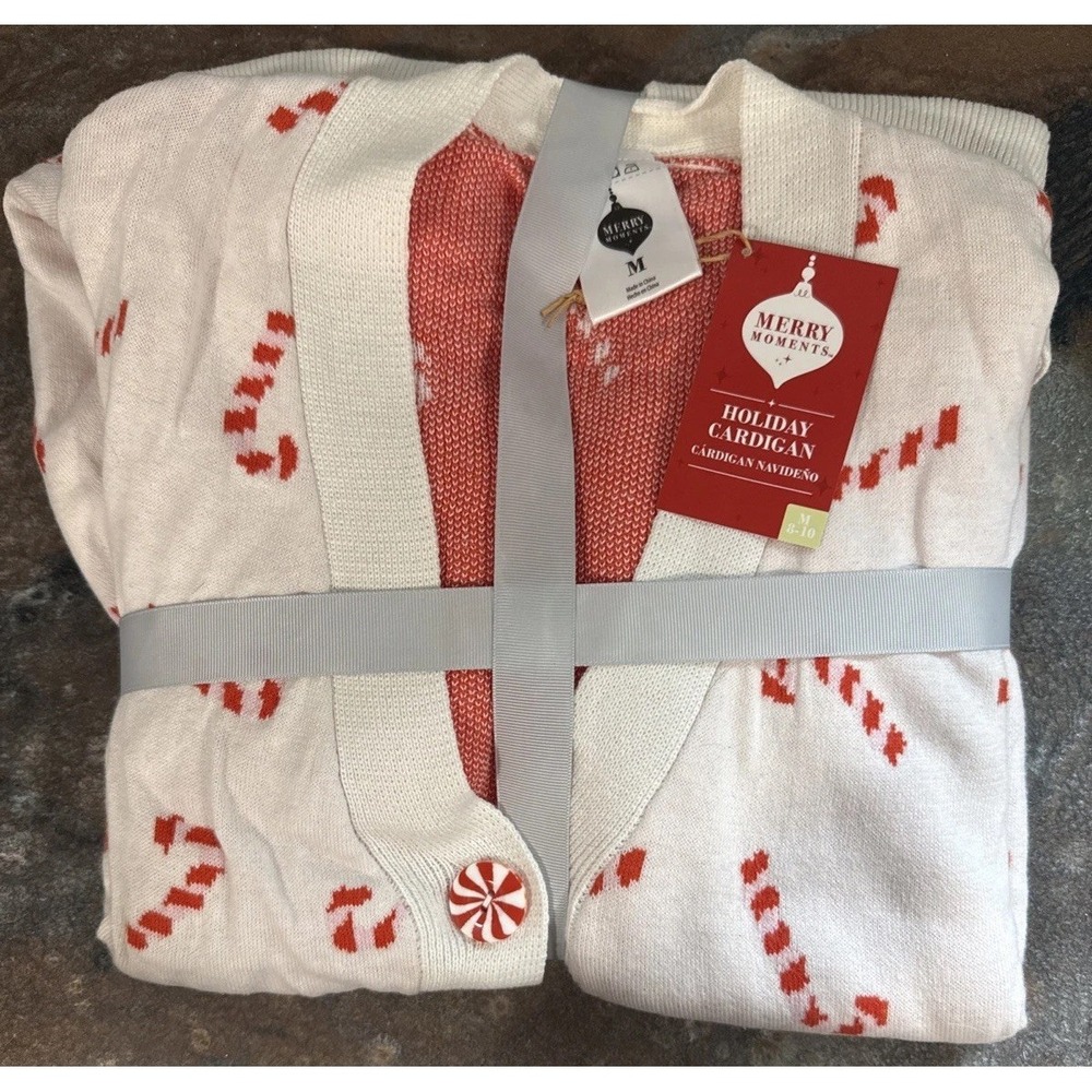 NWT Merry Moments Aldi Womens M Candy Cane Holiday Cardigan Christmas Sweater